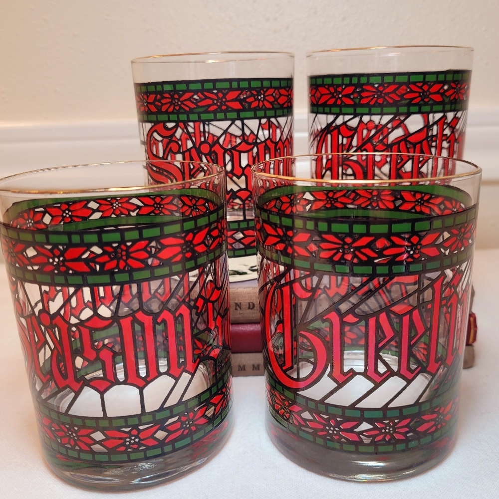 4 vintage Houze Seasons Greetings stained glass style low ball tumblers